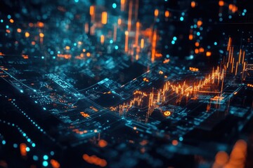 Obraz premium Abstract digital data visualization with glowing lines and particles forming complex patterns in blue and orange hues.