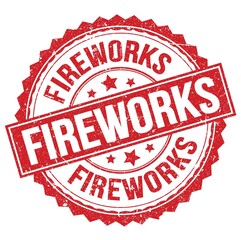 FIREWORKS text on red round stamp sign