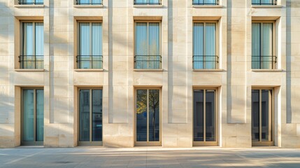 Elegant minimalist Parisian building, wall with windows and doors, sunlit afternoon, serene urban environment, no people visible.