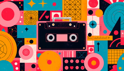 Colorful retro cassette tape surrounded by vibrant geometric shapes in a pop art style, music production