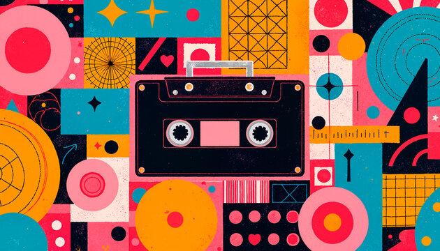 Colorful retro cassette tape surrounded by vibrant geometric shapes in a pop art style, music production