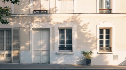 Elegant minimalist Parisian building, wall with windows and doors, sunlit afternoon, serene urban environment, no people visible.