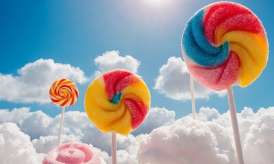 Whimsical Landscape Filled with Colorful Lollipops and Candy on Fluffy Cotton Candy Clouds Beneath a Bright Blue Sky.