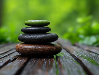 Stacked Stones Resting On Wooden Surface In Nature