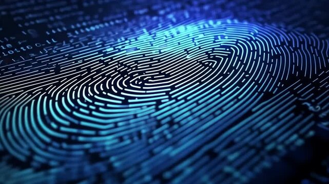 A close-up fingerprint image symbolizing digital security highlighting biometric patterns on a data background with copy space. Panorama
