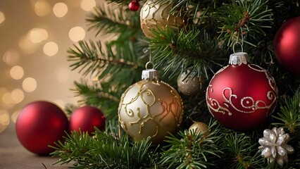 Naklejka premium Christmas decorations with tree branches and baubles frame