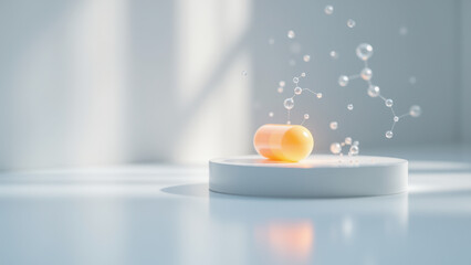 Image of a yellow NAD supplement with bubbles around it on a white surface.