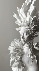 Futuristic white sculpture of a woman with unique textures and shapes of clothing and headdress, creating the impression of movement and dynamics. Concept of fusion of art and fashion