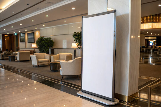 Blank white poster mockup displayed in minimalist hotel lobby with seating area