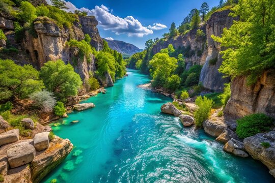 Breathtaking View of Turquoise Waters Flowing Through Taz Canyon Valley, Antalya, Turkey: A Natural Wonder Surrounded by Lush Greenery and Majestic Mountains