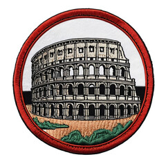 Colorful embroidered patch depicting the iconic Colosseum with vibrant red border.