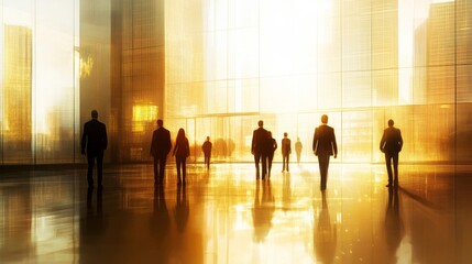 Businesspeople Silhouetted Against a Golden Cityscape