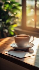 Morning Coffee Sunlight Warm Drink Cozy Home Wooden Table