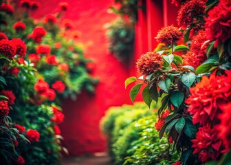 Fototapeta premium Surreal Red Floral Fantasy: Green Leaves, Crimson Blooms, Abstract Background Photography
