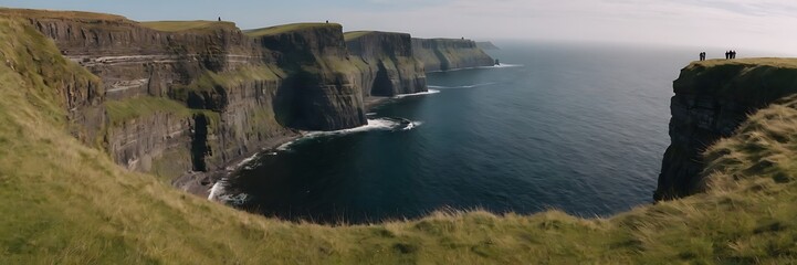 view of the Cliffs of Moher, a series of dramatic sea cliffs in County Clare, Ireland. The cliffs...