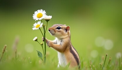 Fototapeta premium Squirrel standing on its hind legs in a grassy field