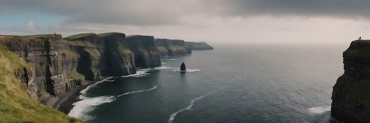 view of the Cliffs of Moher, a series of dramatic sea cliffs in County Clare, Ireland. The cliffs...