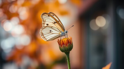 Capturing a delicate butterfly perched on a flower bud