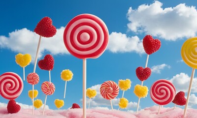 Whimsical Landscape Filled with Colorful Lollipops and Candy on Fluffy Cotton Candy Clouds Beneath a Bright Blue Sky.