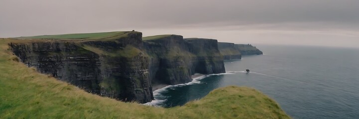 view of the Cliffs of Moher, a series of dramatic sea cliffs in County Clare, Ireland. The cliffs...