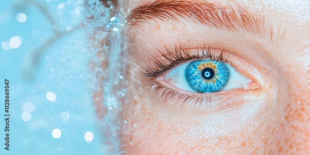Poster Digital Focus Close-Up on Eye with Screen Reflection and Abstract Blue Background