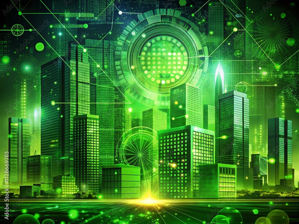 Poster bright green technology abstract background illustrating urban exploration concepts with futuristic 