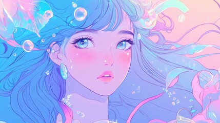 Dreamlike Underwater Girl Pastel Portrait Art  A Serene Vision of Beauty in Aquatic Realm