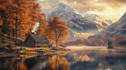 Fototapeta premium Serene Autumn Landscape with Mountains, Lake, and Cozy Cabin
