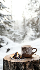 A steaming cup of coffee resting on a log near a crackling fire in a serene winter landscape.