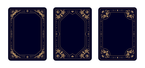 Tarot cards frames with magic esoteric and celestial symbols, vector backgrounds. Tarot cards decks covers design with golden line frame of sun and moon with stars and magic mystic esoteric ornaments