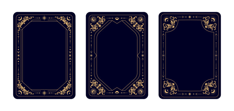 Tarot cards frames with magic esoteric and celestial symbols, vector backgrounds. Tarot cards decks covers design with golden line frame of sun and moon with stars and magic mystic esoteric ornaments