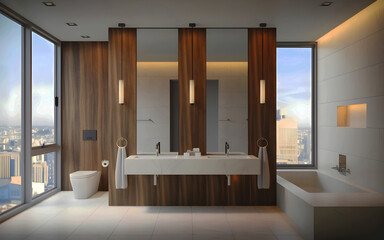 Contemporary bathroom with wood paneling, dual sinks, and mirrors. Minimalist style. City view from large windows. 3D Rendering