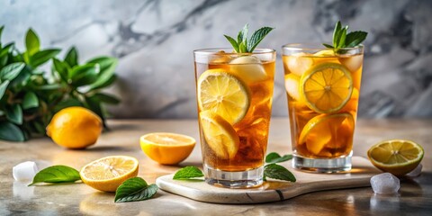 Fototapeta premium Vintage Iced Tea Photography: Refreshing Summer Drink with Lemon & Ice