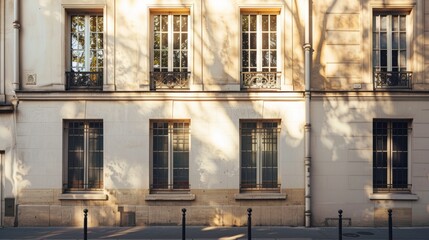 Obraz premium Modern Parisian architecture, minimalist design, complete wall with windows and doors, sunny afternoon light, peaceful urban environment, no people present.