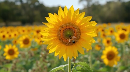Fototapeta premium Vibrant Sunflower with Bee in Blooming Field