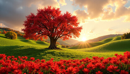 Red autumn tree with blossoms and vibrant sunset against the green hills background