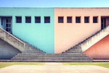 Obraz premium A pastel-toned two-level building features twin staircases on either side, presenting a symmetrical architectural design with a peaceful, balanced aesthetic appeal.