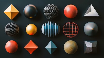 Fototapeta premium A collection of various geometric shapes and spheres arranged in a grid pattern.