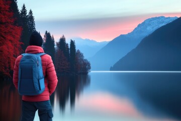 A person in a red jacket and blue backpack gazes across a serene lake at dawn, surrounded by red-leaved trees and distant snow-capped mountains, reflecting the sky's hues.