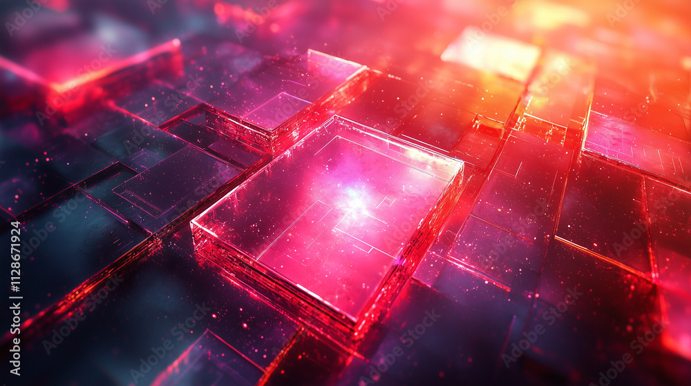 Wall mural vivid magenta and crimson squares on a dark background emanating light and particles in an abstract 