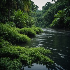 Picture the lush greenery thriving along the banks of a tropical river.