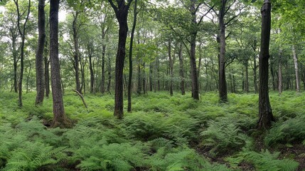 Old-growth forest with dense underbrush, ancient trees, rich green ferns covering the ground 