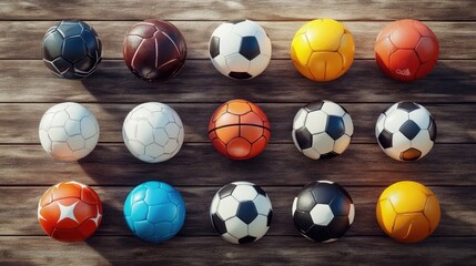 A collection of various sports balls arranged on a rustic wooden surface. The balls include soccer balls, a basketball, and others, showcasing a vibrant mix of colors and textures.