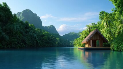 Fototapeta premium A tranquil floating bamboo house on a turquoise river, surrounded by vibrant jungle foliage and bathed in soft golden sunlight streaming through the trees, 3D render, 3D render
