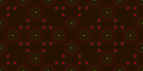 Brown seamless pattern with floral round elements. Red, green circular motifs on dark brown background. Geometric delicate mandala. Traditional bright ornament in country style for holiday decor.