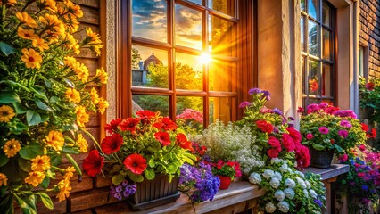 Window Flowers Photography, Floral Windowsill, Blooming Window Box,  Indoor Plants, Sunlit Flowers,  Botanical Window,  Light and Shadow, Architectural Detail, Flower Photography, Window Garden