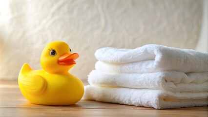 Yellow Rubber Duck Bath Towel Stack Bathroom Photography - Cute Duckling Decor