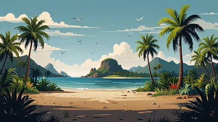 Tropical island illustration with palm trees, flat cartoon style, colorful and inviting.  