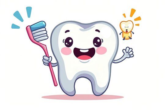 Adorable anthropomorphic tooth character holding a toothbrush, smiling warmly with big expressive eyes, in a playful kawaii-inspired design