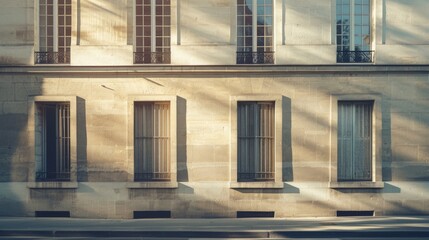 Obraz premium Modern Parisian architecture, minimalist design, complete wall with windows and doors, sunny afternoon light, serene urban atmosphere, no people present.